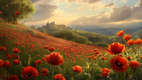 Vast poppy field on hillside beneath distant village at sunset.