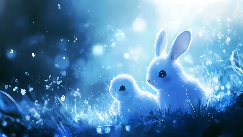 Luminous moonlit rabbits in enchanted blue meadow glow.