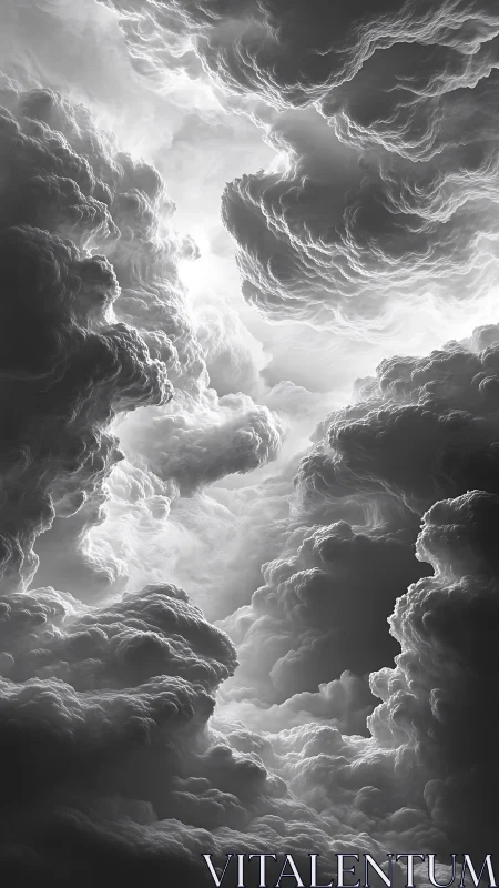Monochrome cloud cathedral in vertical atmospheric composition.