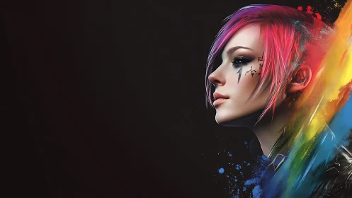 Neon haired cyberpunk girl emerges from explosive color storm