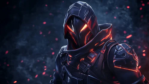 Hooded cybernetic assassin in ember-lit tactical armor stance