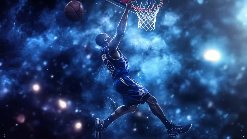 Basketball player dunks ball against glowing cosmic background
