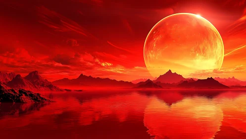 Crimson alien seascape under colossal molten planet