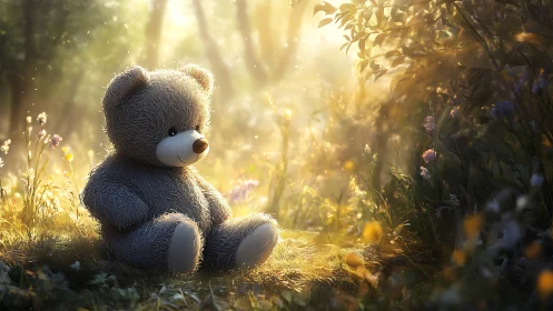 Digital painting of teddy bear in luminous woodland glade.