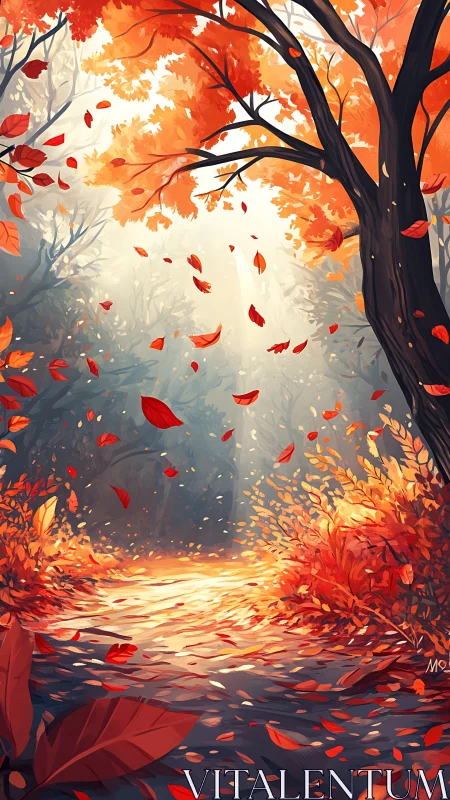 Autumn forest path rendered with dynamic lighting and foliage motion