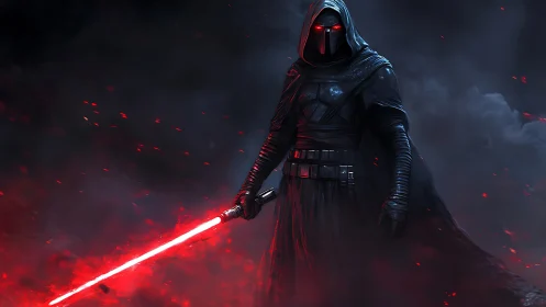 Dark hooded warrior with glowing red sword in smoke.