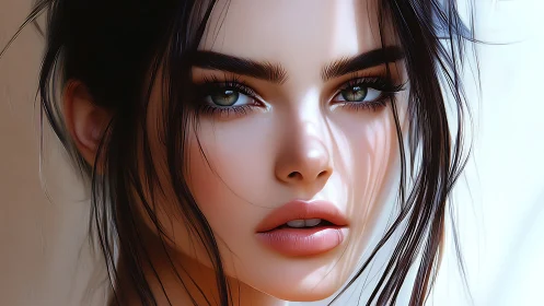 Hyperreal digital portrait with glossy skin shading and hair strands.
