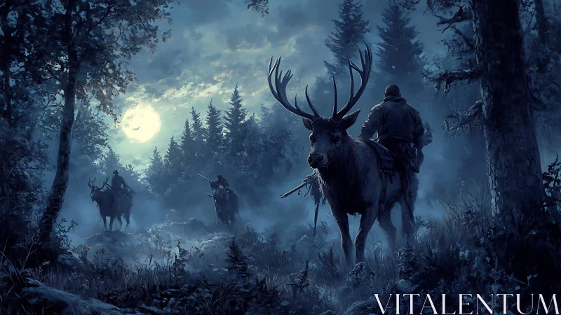 Moonlit elk riders traverse misty conifer forest clearing.