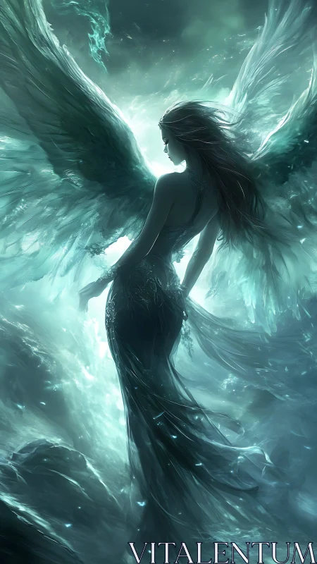 Stormborne seraph in moonlit teal tempest skies.