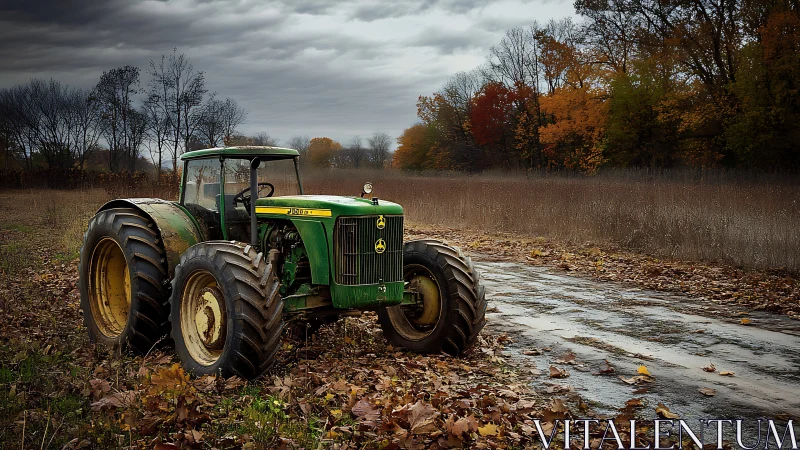 Weathered green tractor stands on muddy leaf‑covered farm track
