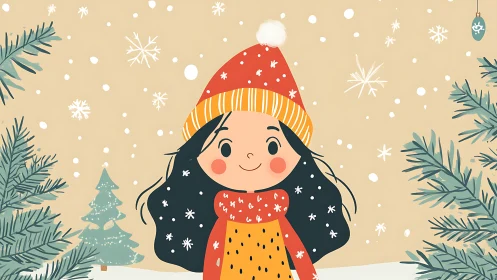 Smiling girl in red winter hat stands amid falling snow