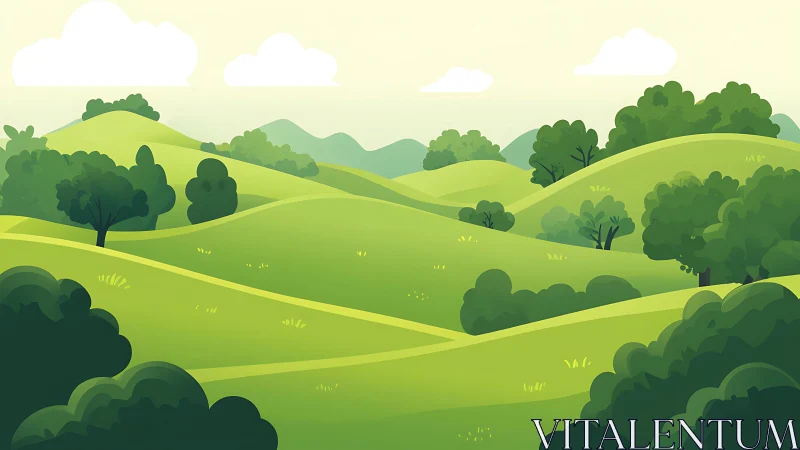 Gentle green hills roll under a calm, sunlit sky