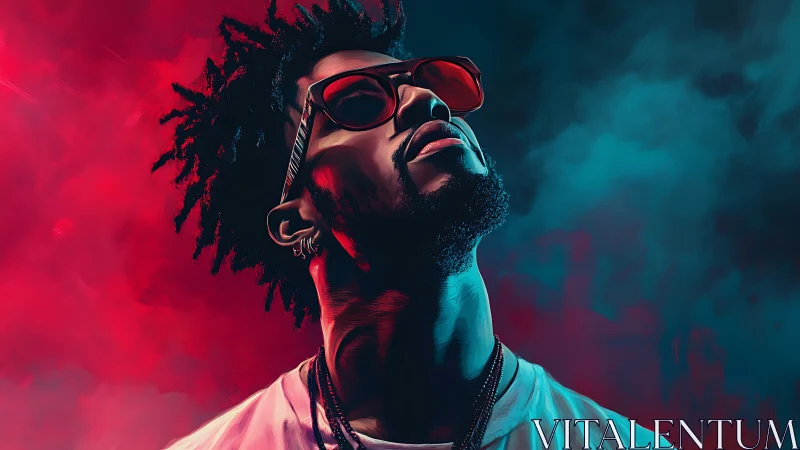 Portrait of cool man in neon red and teal studio glow.