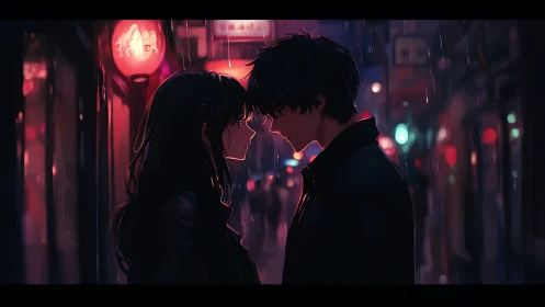 Midnight rain confession beneath neon city lantern glow.
