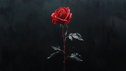 Single red rose stands isolated against dark background