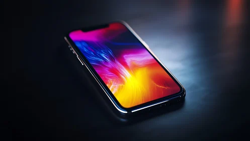 Smartphone with Vibrant Gradient Display and Dark Background.