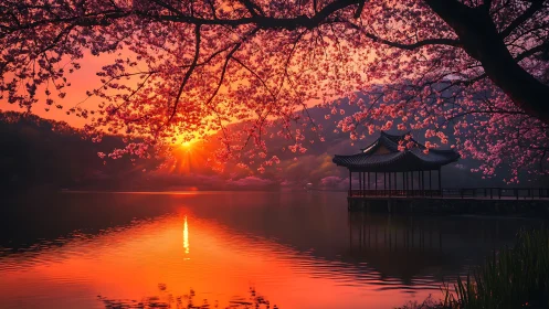 Cherry blossom sky filters a molten lake sunset into hush