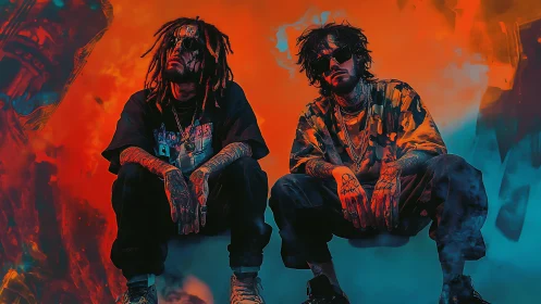 Urban duo crouch in neon smoke under saturated bicolor haze