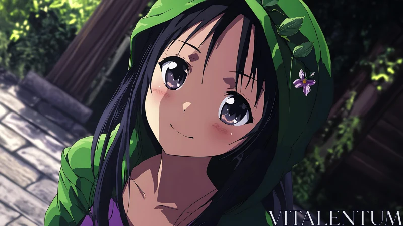Smiling anime girl in green hood with flower outdoors.