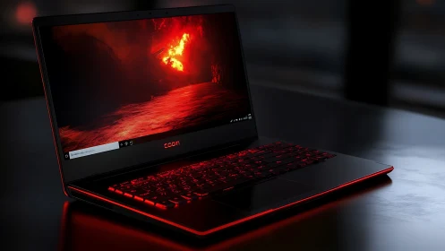 Midnight gaming laptop blazing with molten crimson light.