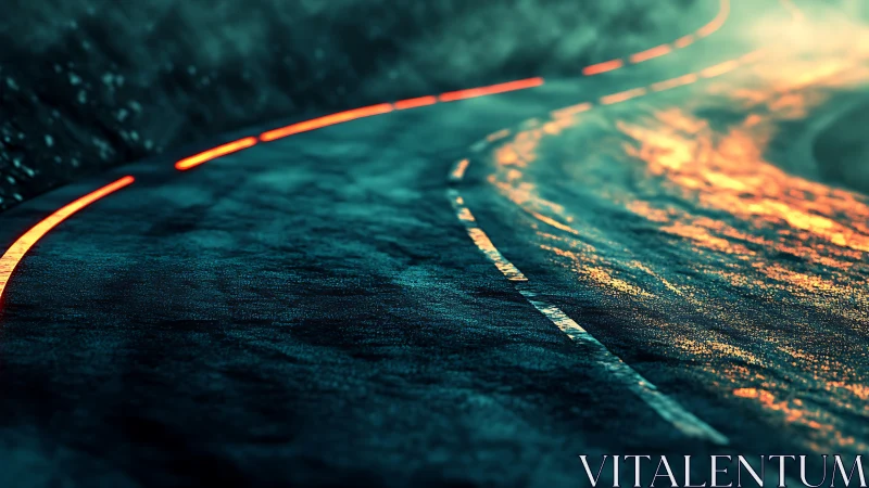 Neon edge lights trace a wet night road into the distance