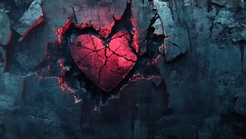 Illuminated Heart Form Embedded in Fractured Teal Stone Matrix Structure