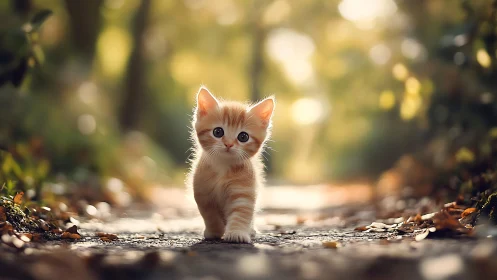 Whisker-Soft Wanderer: Kitten's Sunlit Woodland Discovery.