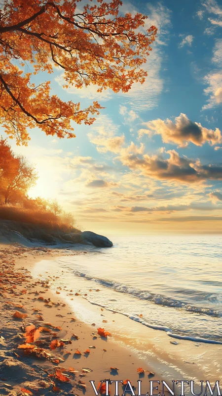 Golden autumn shoreline glows under low evening sun