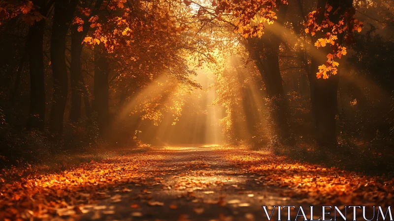 Volumetric sunrise beams across deciduous autumn forest path.