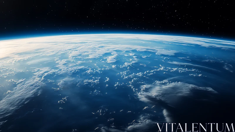 Low Earth orbit horizon with layered cloud decks and stars