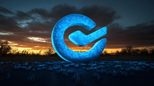 Glowing Futuristic Symbol in a Digital Landscape at Sunset.
