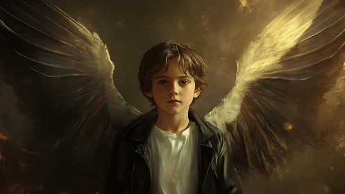 Angel-winged child stands in golden light, calm and resolute.