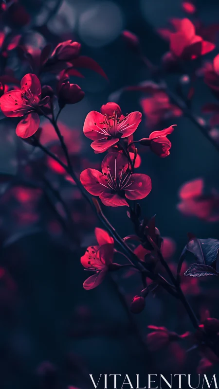 Neon Pink Cherry Blossoms Glowing Against Dark Background