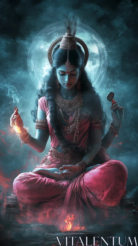 Moonlit fire goddess in crimson trance above swirling embers.