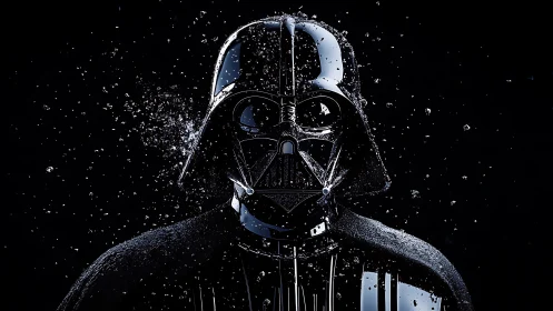 Dark armored figure with glossy helmet in floating droplets.