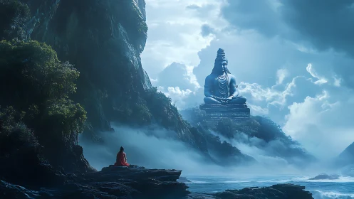 Solitary figure before large seated statue in misty valley.