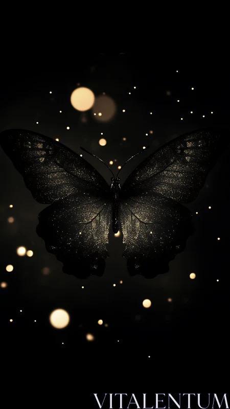 Dark butterfly silhouette with golden particle highlights.