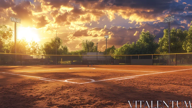 Sunlit softball infield displays raked clay and crisp foul lines