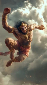 Sky-splitting monkey warrior lunges through stormlit clouds