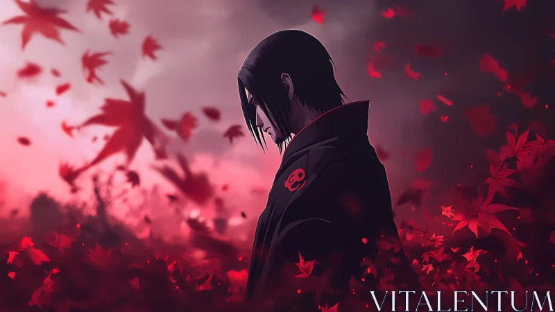 Solitary shinobi in crimson leaf vortex at dusk horizon.