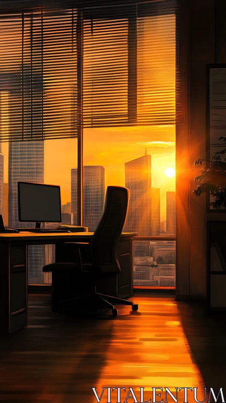 Office workstation overlooking city at sunset through blinds.