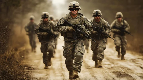 Armed soldiers advance through dusty woodland trail in formation