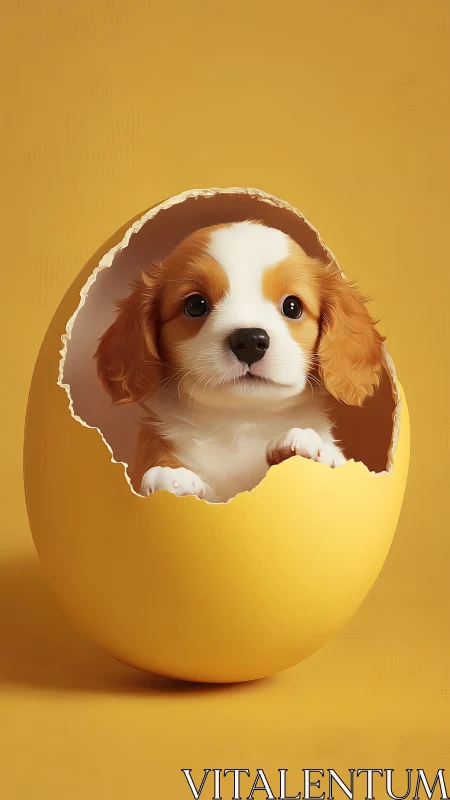 Sweet puppy peeks shyly from a bright yellow eggshell home