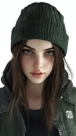 Young woman in knit beanie under soft studio lighting.