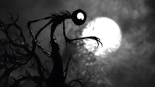 Silhouetted elongated figure before full moon in misty sky.