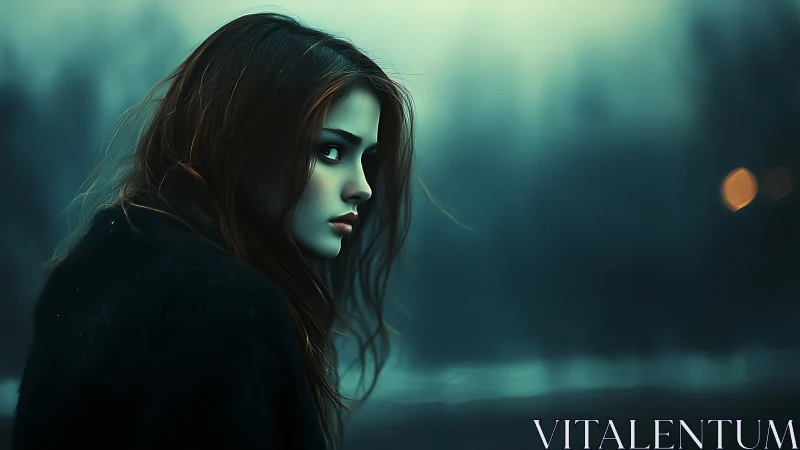 Midnight gaze sharpens through misty teal winter air