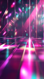 Neon reflective corridor with luminous magenta grid floor.