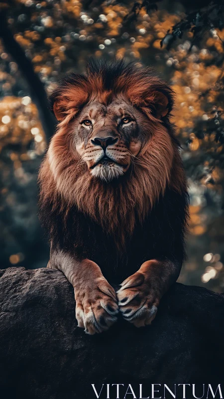 Regal sunset lion rests on his throne of weathered stone