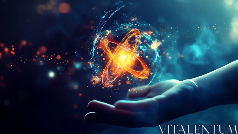 Glowing atomic energy sphere hovering above open human hand.