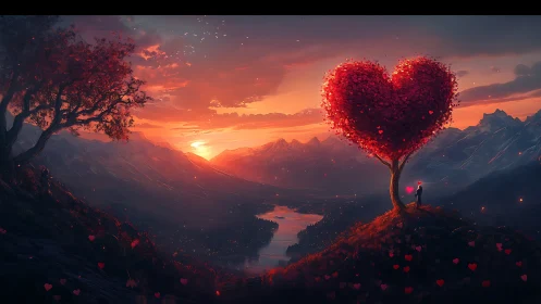 Solitary figure beneath heart-shaped tree in mountain landscape